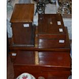 FOUR ASSORTED BOXES TO INCLUDE 19TH CENTURY ROSEWOOD AND MOTHER OF PEARL INLAID WRITING SLOPE, A