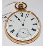 AN 18CT GOLD CASED OPEN-FACED POCKETWATCH, THE BLACK AND WHITE ENAMEL DIAL WITH SUBSIDIARY ' SECONDS