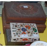 THREE CARVED WOODEN TRINKET BOXES, TOGETHER WITH A HARD STONE TRINKET BOX WITH FLORAL DETAIL