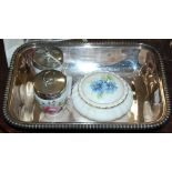 AN ELECTROPLATED SERVING DISH, A REGENT OF LONDON CERAMIC DRESSING TABLE BOX AND COVER WITH BLUE