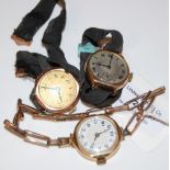 THREE ASSORTED LADIES 9CT GOLD CASED WRISTWATCHES, ONE WITH YELLOW METAL EXPANDABLE STRAP, THE OTHER