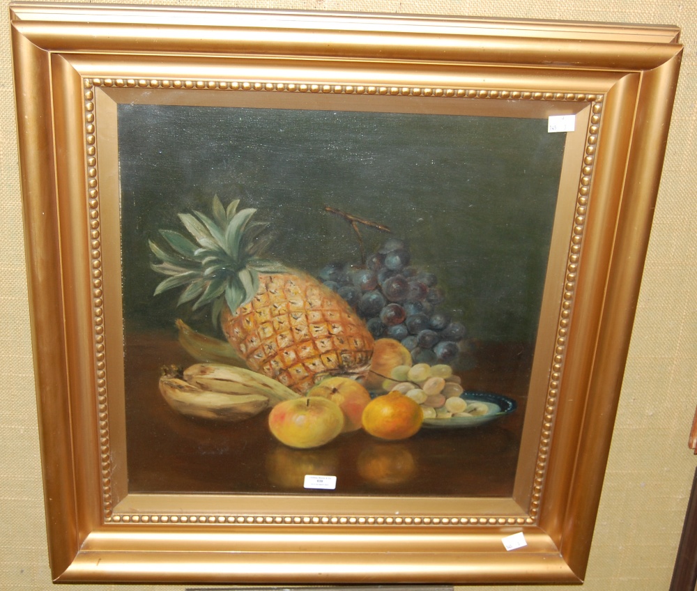 20TH CENTURY BRITISH SCHOOL, STILL LIFE WITH GRAPES, PINEAPPLES, BANANAS, AND APPLES, OIL ON CANVAS,