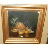 20TH CENTURY BRITISH SCHOOL, STILL LIFE WITH GRAPES, PINEAPPLES, BANANAS, AND APPLES, OIL ON CANVAS,