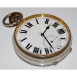 A VINTAGE WHITE METAL CASED GOLIATH POCKET WATCH WITH BLACK AND WHITE ROMAN NUMERAL DIAL,