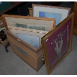 TWO BOXES OF ASSORTED DECORATIVE PICTURES, WATERCOLOURS, TO INCLUDE ARABIAN SCENE BY W. KNOX, AND