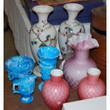 A PAIR OF LATE VICTORIAN OPAQUE GLASS VASES WITH PAINTED BIRD AND FLOWER DETAIL, A PAIR OF PINK
