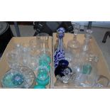 TWO BOXES OF ASSORTED CLEAR AND COLOURED GLASSWARE TO INCLUDE A LATE 19TH CENTURY COBALT BLUE,