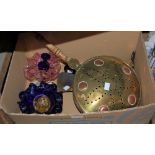 TWO BOXES OF ASSORTED MIXED WARES, TO INCLUDE A BRASS AND COPPER BED WARMING PAN, BRISTOL BLUE