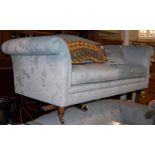 A PAIR OF BLUE UPHOLSTERED TWO-SEAT SOFAS (PROBABLY LAURA ASHLEY)