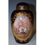 A VIENNA PORCELAIN BLUE GROUND JAR AND COVER, WITH HAND-PAINTED OVAL PANEL DEPICTING A BATTLE