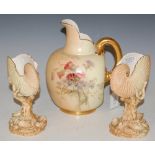 A PAIR OF ROYAL WORCESTER IVORY GROUND SHELL SHAPED VASES TOGETHER WITH A ROYAL WORCESTER IVORY