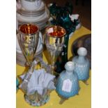 A GROUP OF GLASSWARE TO INCLUDE A PAIR OF BLUE GROUND SATIN GLASS VASES, A PAIR OF MERCURY GILDED