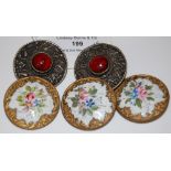 A PAIR OF ARTS & CRAFTS STYLE WHITE METAL AND RED CABOCHON BUTTONS, TOGETHER WITH THREE GILT METAL