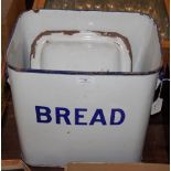 A VINTAGE BLUE AND WHITE ENAMEL BREAD BIN AND COVER