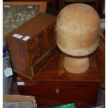 A MILLINER'S HAT STAND, SMALL JAPANESE PARQUETRY TABLE TOP CABINET AND A MAHOGANY SEWING BOX