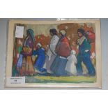 THREE UNFRAMED EARLY 20TH CENTURY ORIENTALIST STYLE WATERCOLOURS, TWO DEPICTING FIGURE GROUPS, ONE A