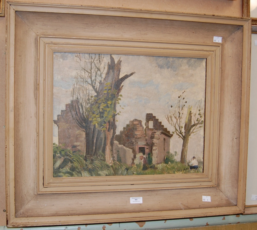 ATTRIBUTED ALBERTO MORROCCO, SUMMER LANDSCAPE WITH RUIN AND FIGURE, OIL ON BOARD INSCRIBED VERSO '