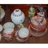 A JAPANESE EXPORT PART TEASET, CHINESE FAMILLE ROSE JAR AND COVER, THREE ASSORTED GREEN, YELLOW