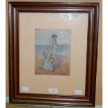 20TH CENTURY CONTINENTAL SCHOOL, GIRL STANDING ON A BEACH HOLDING A STRAW HAT, INDISTINCTLY SIGNED