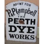 ADVERTISING INTEREST: A VINTAGE PERTH DYE WORKS BLACK AND WHITE ENAMEL ADVERTISING SIGN, 46CM X