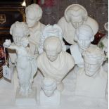 A GROUP OF NINE PARIAN WARE BUSTS OF MOZART, TASSO, VAN DYKE, GOETHE, BACH, DR. JOHNSON AND