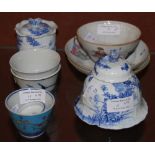 A CHINESE PORCELAIN FAMILLE ROSE BOWL, COVER AND TWO SAUCERS, TOGETHER WITH A BLUE AND WHITE