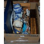 A BOX OF ASSORTED CERAMIC AND OTHER ITEMS, TO INCLUDE BLUE AND WHITE SPODE JUG, ORIENTAL DISHES,