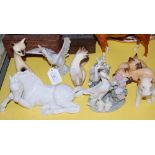 A GROUP OF CERAMIC ANIMAL FIGURES, TO INCLUDE THREE LLADRO GEESE, A BESWICK TWIN CAT FIGURE, A