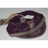 A VINTAGE PURPLE VELVET AND SILVER THREAD SCHOOL CAP, SEASON 1919-1920