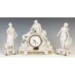 A 19th century gilt metal mounted Sevres bisque porcelain clock garniture, the clock with black