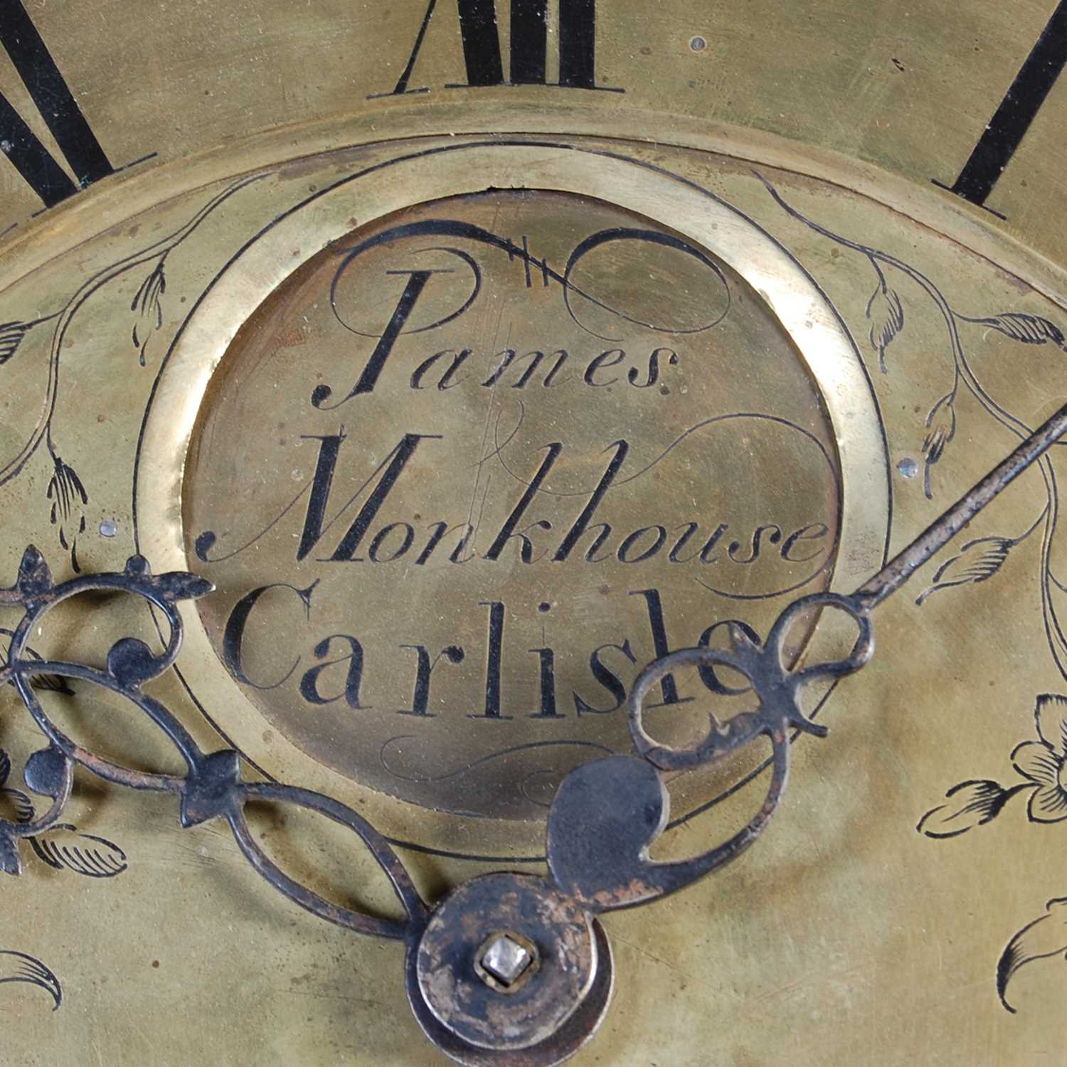 A late 18th/ early 19th century oak longcase clock, James Monkhouse, Carlisle, the brass dial with - Image 6 of 9