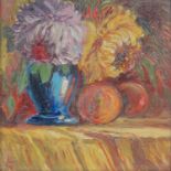 L.W. (20th century) Still life with chrysanthemum and fruit oil on board, signed with initials lower