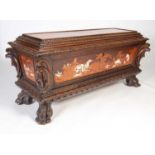 A 19th century Italian pine walnut, marquetry and ivory inlaid cassone, of sarcophagus shape, the