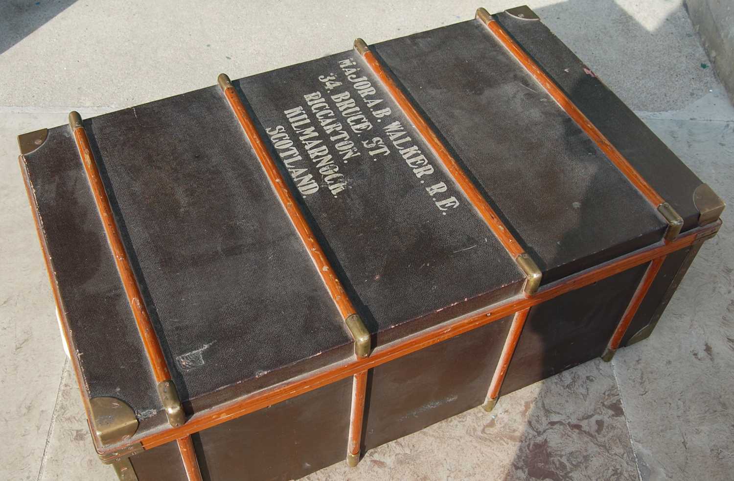 A smart 20th century teak canvas and brass bound cabin trunk, the hinged cover inscribed ‘Major A. - Image 2 of 7