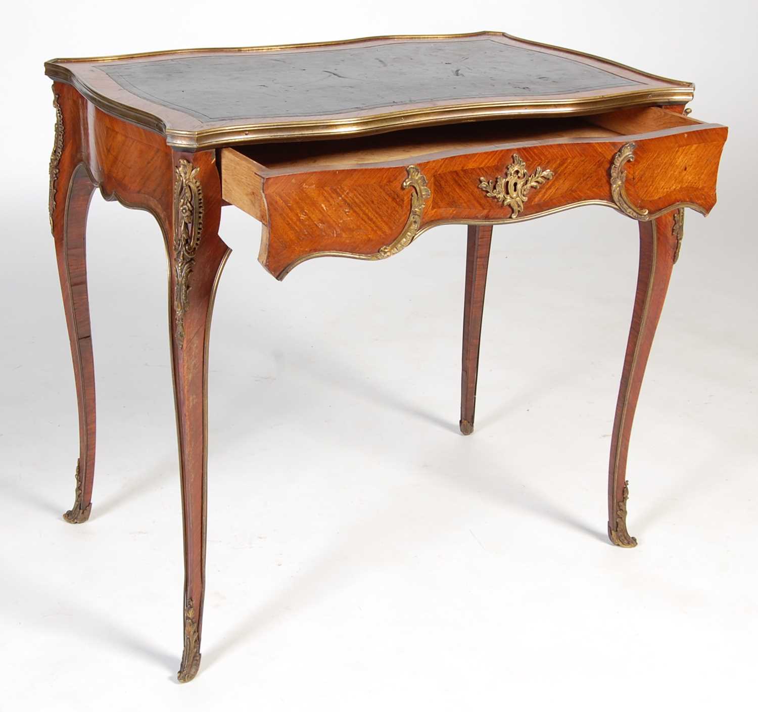 A late 19th/ early 20th century rosewood and gilt metal mounted writing table, the rectangular top - Image 11 of 12