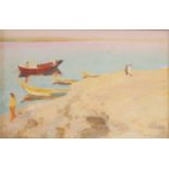 M.K. (early 20th century) Sunset with figures on the riverbank oil on board, indistinctly signed,
