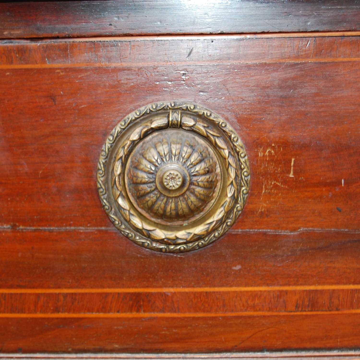 A George III mahogany and boxwood lined demi lune sideboard, the shaped top with fan-shaped line - Image 3 of 6