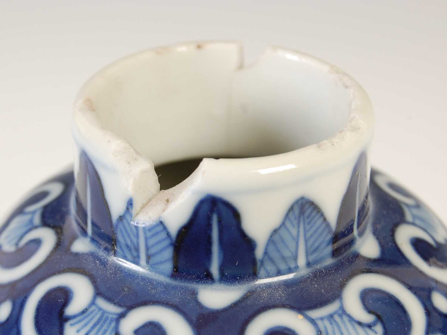 A Chinese porcelain blue and white jar and matched cover, Qing Dynasty, decorated with a pair of - Image 7 of 10