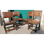 Three assorted leather upholstered oak Jacobean style side chairs, with studded details together