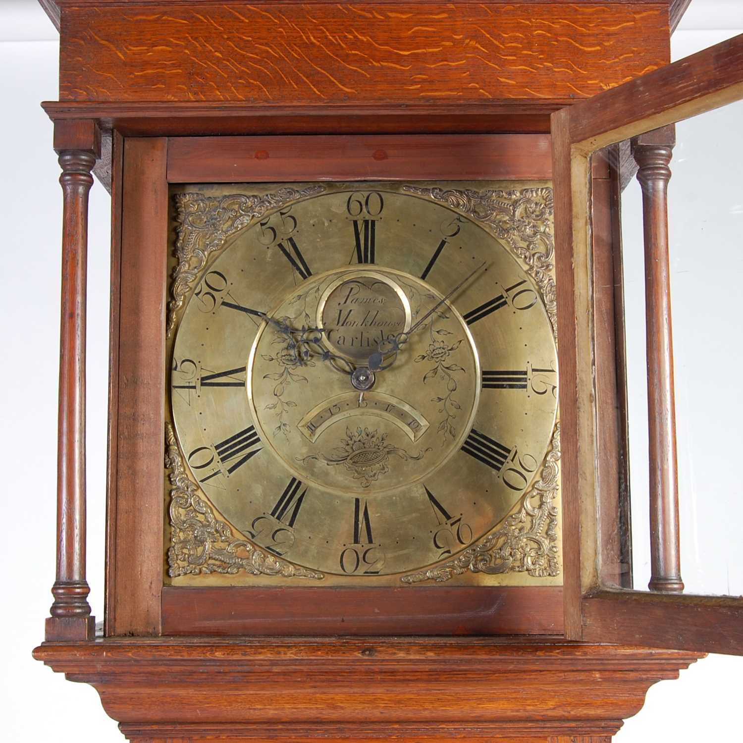 A late 18th/ early 19th century oak longcase clock, James Monkhouse, Carlisle, the brass dial with - Image 3 of 9