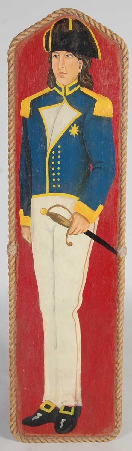 Three vintage hand painted fairground boards, decorated with military figures within rope mounted - Image 8 of 10