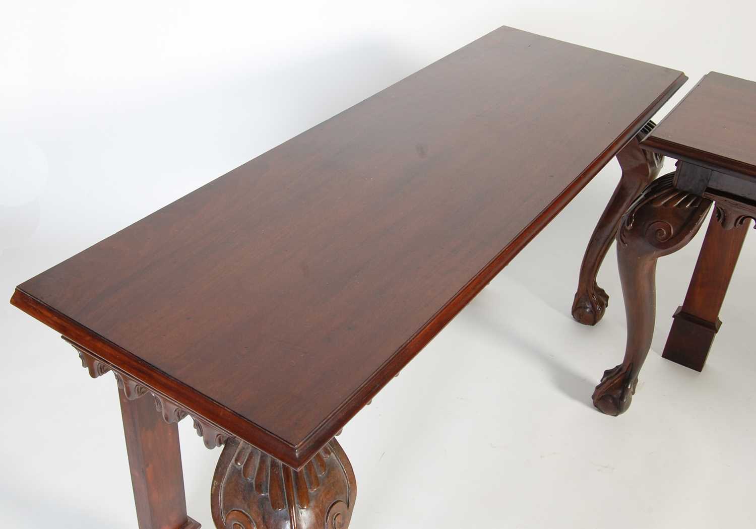 A pair of George III style mahogany console tables, the rectangular tops above a plain frieze with - Image 2 of 9