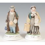 A pair of 19th century porcelain figural spill vases, one modelled as a male figure inscribed 'I