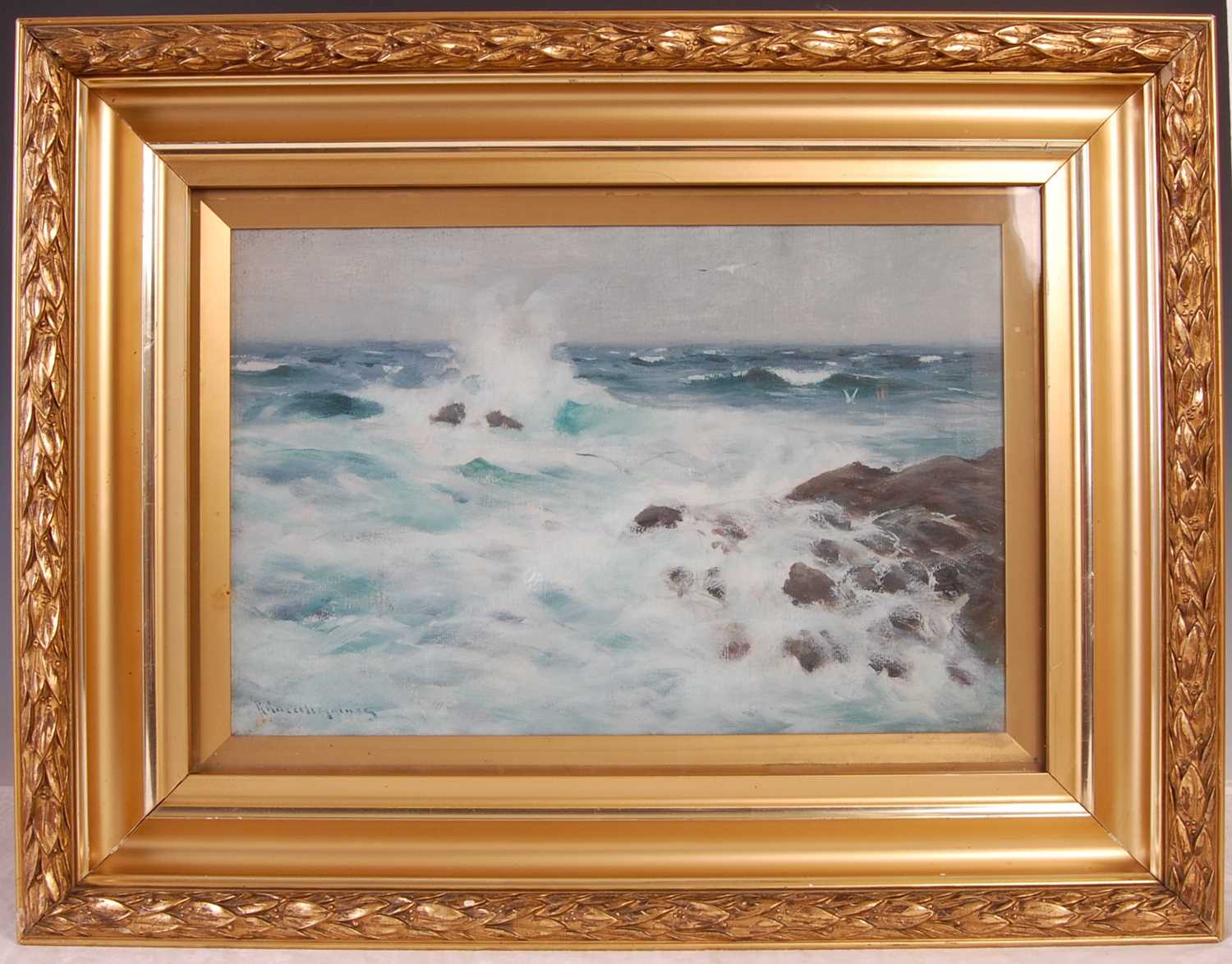 Robert Russell Macnee RGI (1880-1952) Seascape with breaking waves oil on canvas, signed lower - Image 2 of 5