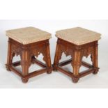 A pair of 19th century mahogany ebony lined and specimen wood square-shaped stools, with fleur-de-