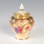 A hand-painted Royal Worcester potpourri jar and cover, decorated with fruit on a mossy background