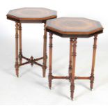 A pair of Victorian walnut and parquetry inlaid octagonal shaped occasional tables, the octagonal