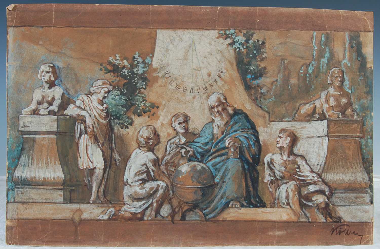 19th century European School Allegorical study with philosopher watercolour, indistinctly signed - Image 2 of 5
