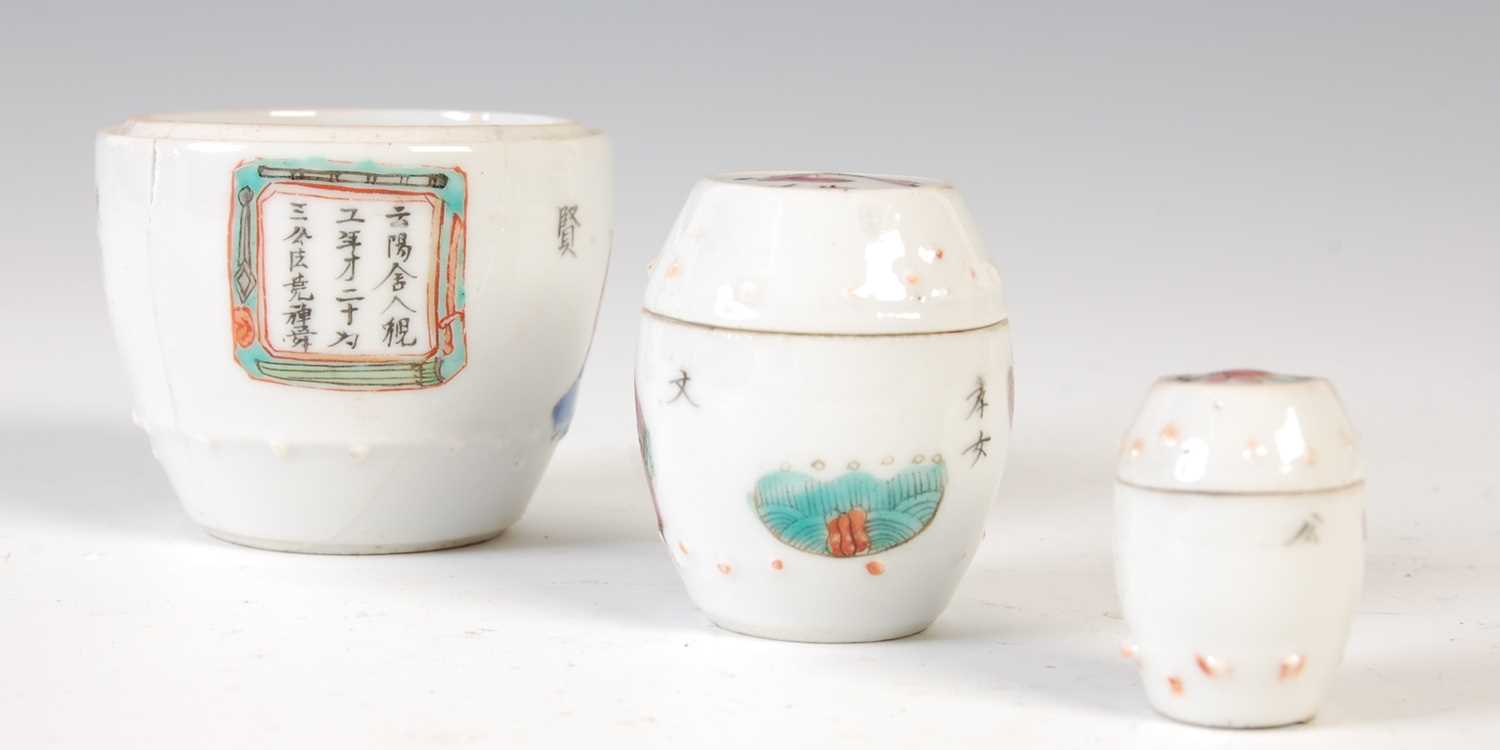 A small group of Chinese famille rose decorated porcelain, Qing Dynasty, comprising two graduated - Image 4 of 19