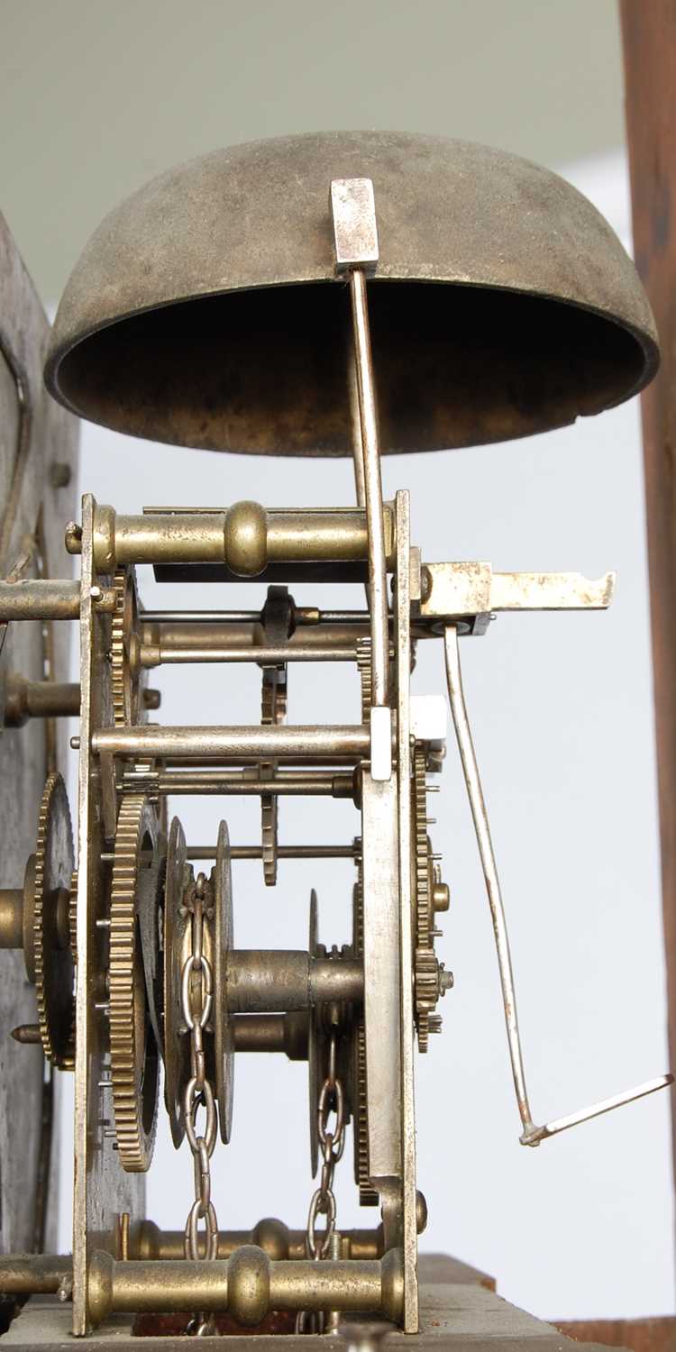 A late 18th/ early 19th century oak longcase clock, James Monkhouse, Carlisle, the brass dial with - Image 8 of 9